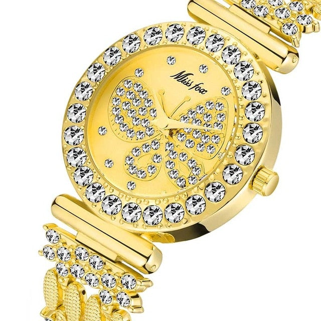 MISSFOX Borboleta Mulheres Relógios Marca De Luxo Big Diamante 18 K Relógio de Ouro Pulseira Caro Especial À Prova D' Água Senhoras Relógio de Pulso