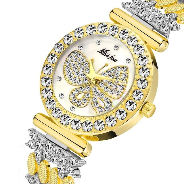 MISSFOX Borboleta Mulheres Relógios Marca De Luxo Big Diamante 18 K Relógio de Ouro Pulseira Caro Especial À Prova D' Água Senhoras Relógio de Pulso