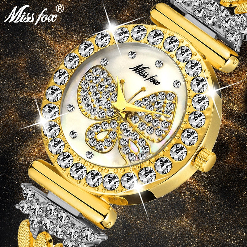 MISSFOX Borboleta Mulheres Relógios Marca De Luxo Big Diamante 18 K Relógio de Ouro Pulseira Caro Especial À Prova D' Água Senhoras Relógio de Pulso