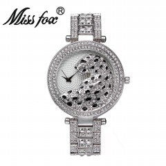 MISSFOX relógio de quartzo feminino moda bling casual senhoras relógio de quartzo feminino ouro cristal diamante leopardo para mulher