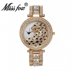 MISSFOX relógio de quartzo feminino moda bling casual senhoras relógio de quartzo feminino ouro cristal diamante leopardo para mulher