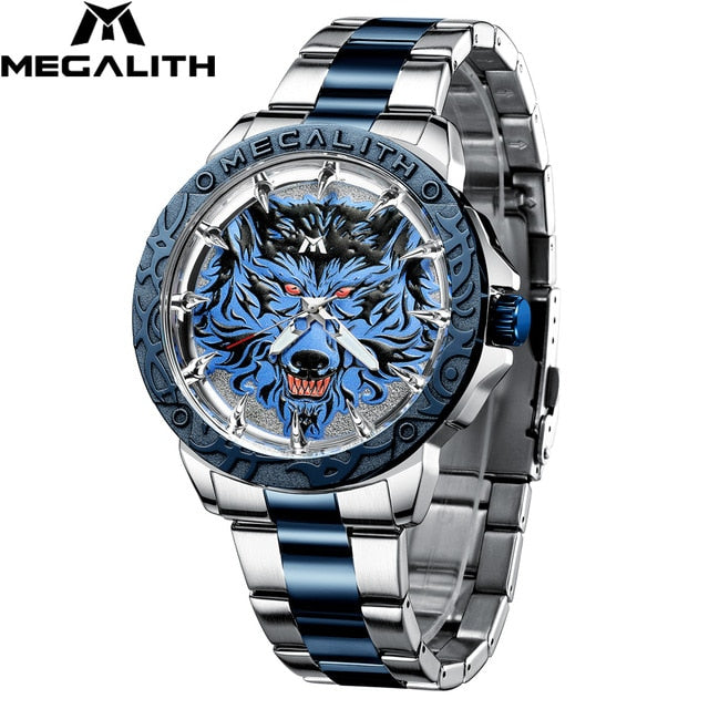 Megalith relógio masculino 2020 moda lobo cabeça em relevo relógio de pulso dos homens do esporte à prova dwaterproof água aço inoxidável relógio relogio masculino 8207