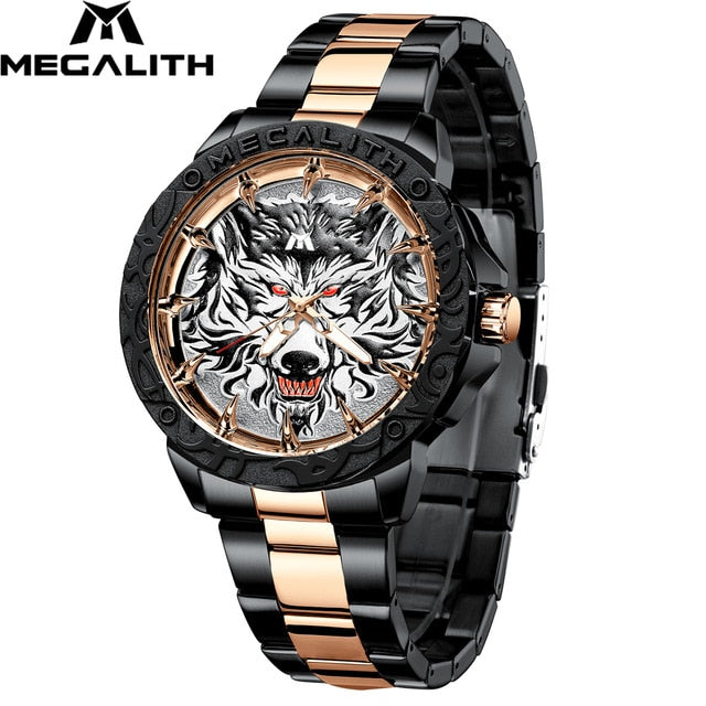 Megalith relógio masculino 2020 moda lobo cabeça em relevo relógio de pulso dos homens do esporte à prova dwaterproof água aço inoxidável relógio relogio masculino 8207