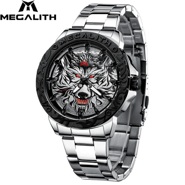 Megalith relógio masculino 2020 moda lobo cabeça em relevo relógio de pulso dos homens do esporte à prova dwaterproof água aço inoxidável relógio relogio masculino 8207