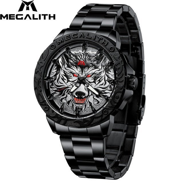 Megalith relógio masculino 2020 moda lobo cabeça em relevo relógio de pulso dos homens do esporte à prova dwaterproof água aço inoxidável relógio relogio masculino 8207