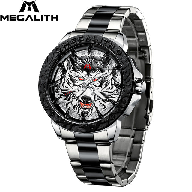 Megalith relógio masculino 2020 moda lobo cabeça em relevo relógio de pulso dos homens do esporte à prova dwaterproof água aço inoxidável relógio relogio masculino 8207
