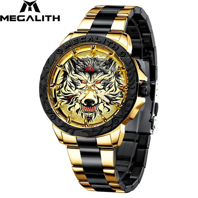 Megalith relógio masculino 2020 moda lobo cabeça em relevo relógio de pulso dos homens do esporte à prova dwaterproof água aço inoxidável relógio relogio masculino 8207