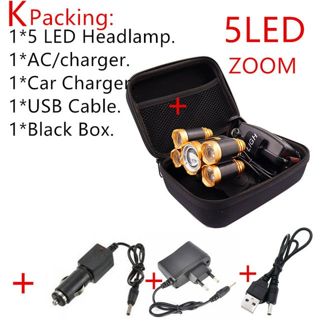 Poderoso led farol 5led t6 cabeça lâmpada de energia lanterna tocha cabeça luz 18650 bateria para acampamento, pesca