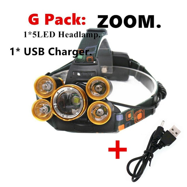 Poderoso led farol 5led t6 cabeça lâmpada de energia lanterna tocha cabeça luz 18650 bateria para acampamento, pesca