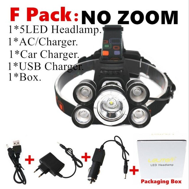 Poderoso led farol 5led t6 cabeça lâmpada de energia lanterna tocha cabeça luz 18650 bateria para acampamento, pesca