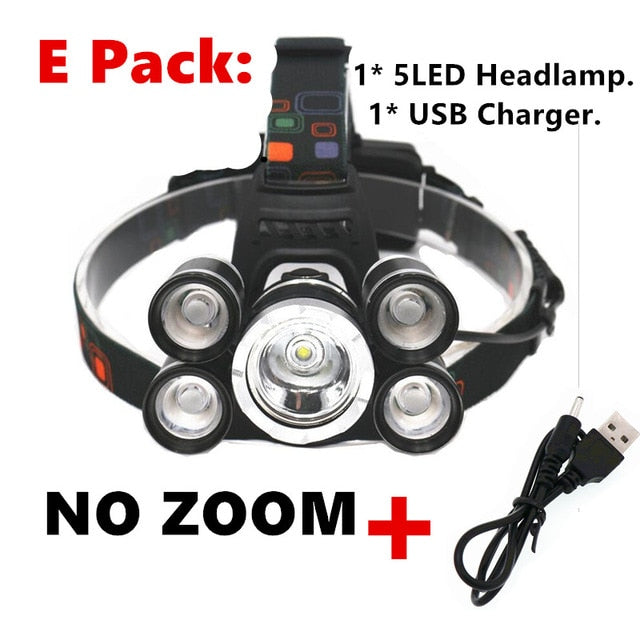 Poderoso led farol 5led t6 cabeça lâmpada de energia lanterna tocha cabeça luz 18650 bateria para acampamento, pesca