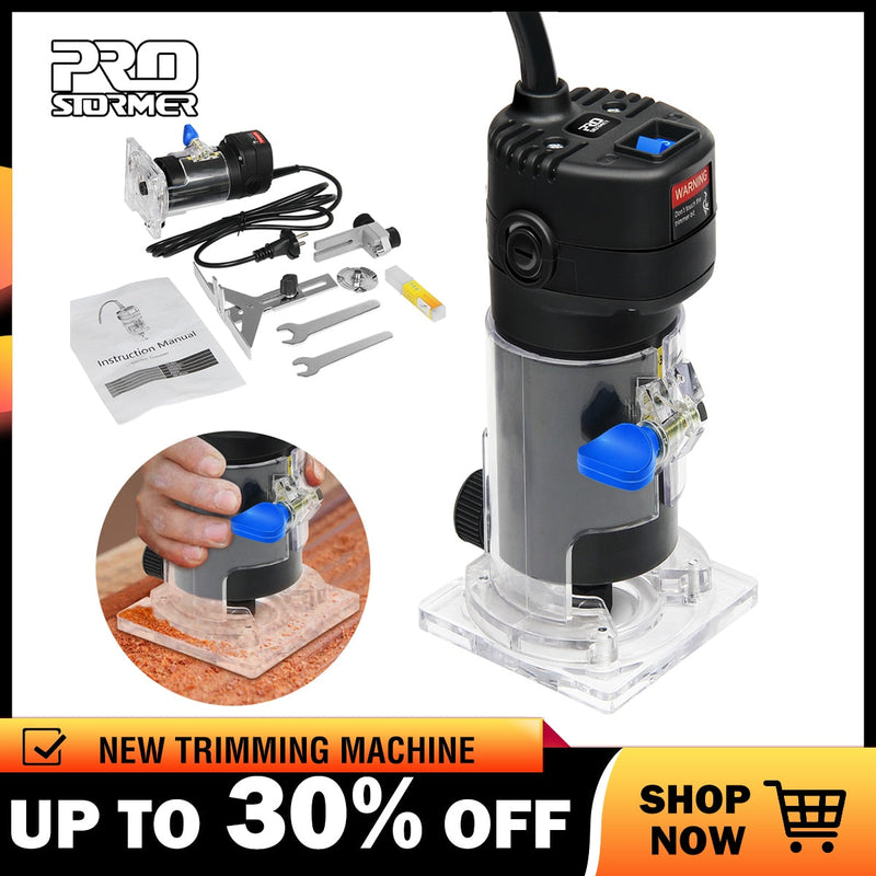 Prostormer roteador trimmer mini 650 w de madeira elétrica laminado borda com saco poderoso 6.35mm chuck carpintaria trimmer ferramentas elétricas