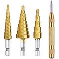 Quente 3 pçs hss titanium step broca conjunto & 1 pcs automático centro perfurador titânio revestido de metal hex núcleo brocas