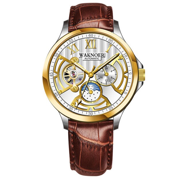 Relógio de pulso mecânico automático masculino marca waknoer relógios de couro negócios moda horas masculino montre relogio masculino saati