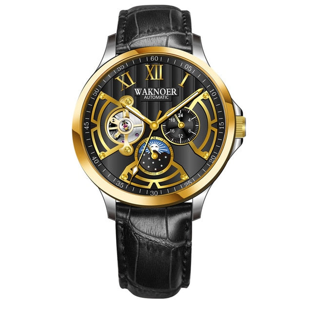 Relógio de pulso mecânico automático masculino marca waknoer relógios de couro negócios moda horas masculino montre relogio masculino saati