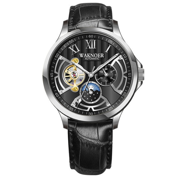 Relógio de pulso mecânico automático masculino marca waknoer relógios de couro negócios moda horas masculino montre relogio masculino saati