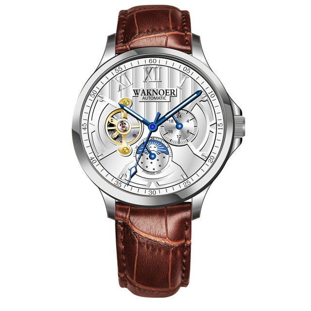 Relógio de pulso mecânico automático masculino marca waknoer relógios de couro negócios moda horas masculino montre relogio masculino saati