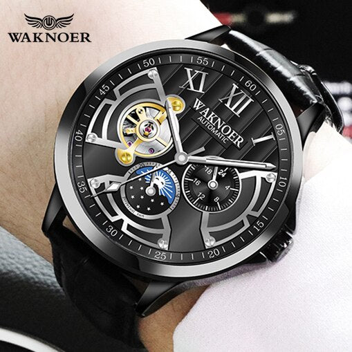Relógio de pulso mecânico automático masculino marca waknoer relógios de couro negócios moda horas masculino montre relogio masculino saati