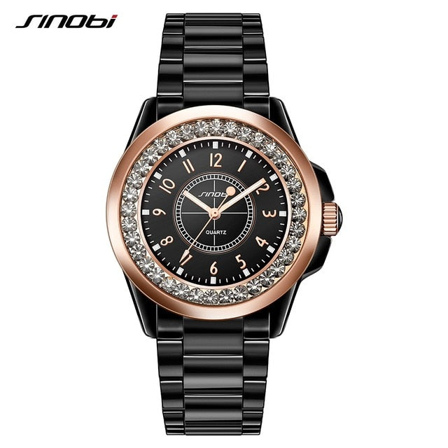 Sinobi moda feminina diamantes relógios de pulso imitação cerâmica pulseira topo marca luxo vestido senhoras genebra quartzo relógio 2019