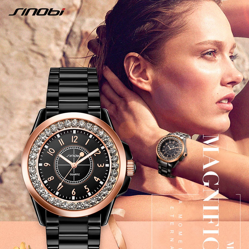 Sinobi moda feminina diamantes relógios de pulso imitação cerâmica pulseira topo marca luxo vestido senhoras genebra quartzo relógio 2019