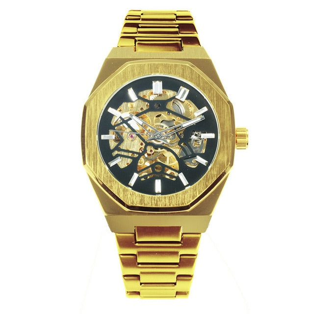 Vencedor oficial ouro relógio automático men cinta de aço esqueleto crânio mecânico relógios marca superior luxo dropshipping atacado