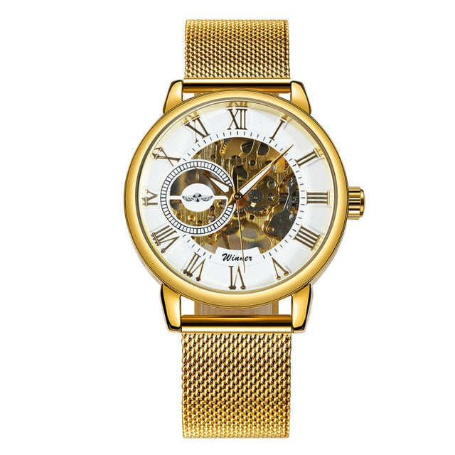 Vencedor oficial ouro relógio automático men cinta de aço esqueleto crânio mecânico relógios marca superior luxo dropshipping atacado