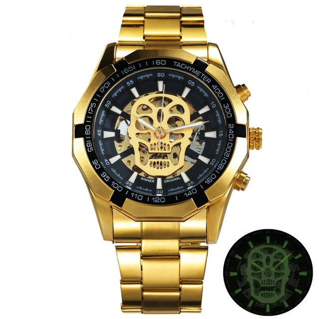 Vencedor oficial ouro relógio automático men cinta de aço esqueleto crânio mecânico relógios marca superior luxo dropshipping atacado