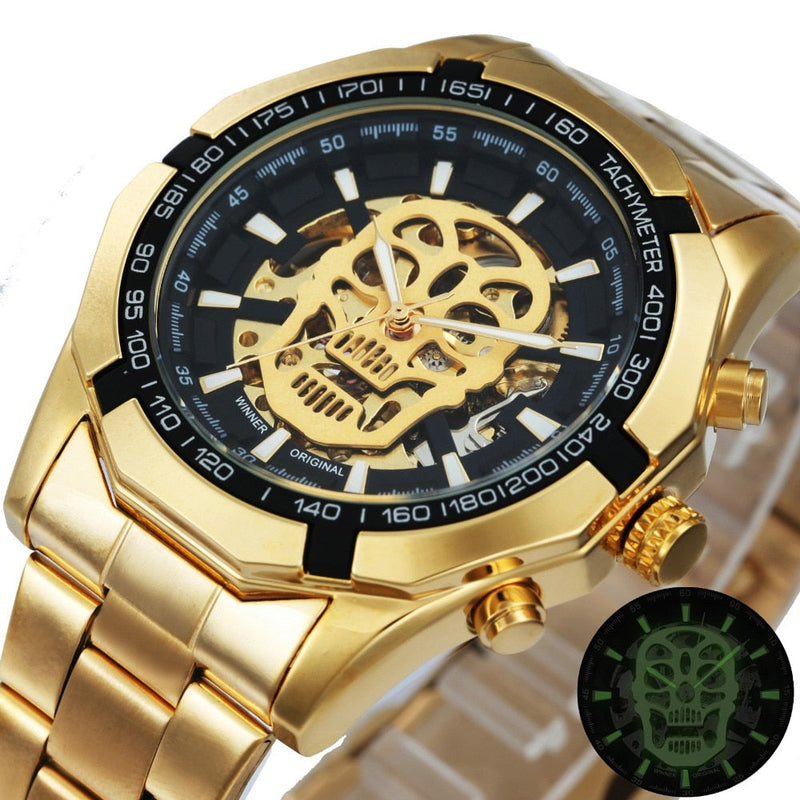 Vencedor oficial ouro relógio automático men cinta de aço esqueleto crânio mecânico relógios marca superior luxo dropshipping atacado