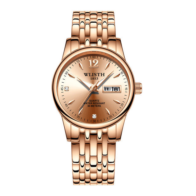 Wlisth relógio feminino relógio de aço tungstênio mulher relógios amantes presente rosa ouro chinês-calendário inglês relógio de quartzo à prova dwaterproof água