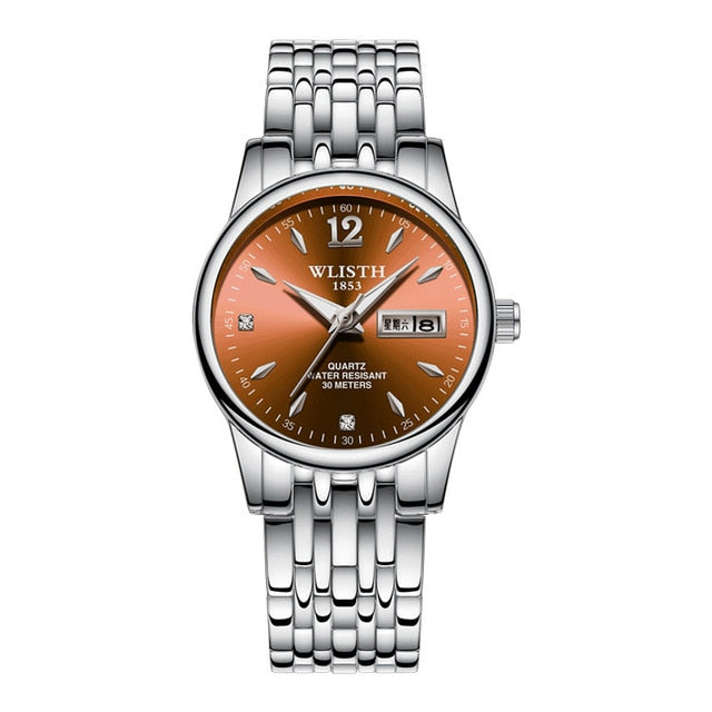 Wlisth relógio feminino relógio de aço tungstênio mulher relógios amantes presente rosa ouro chinês-calendário inglês relógio de quartzo à prova dwaterproof água