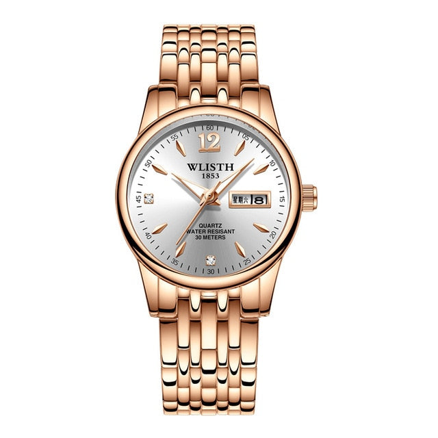 Wlisth relógio feminino relógio de aço tungstênio mulher relógios amantes presente rosa ouro chinês-calendário inglês relógio de quartzo à prova dwaterproof água