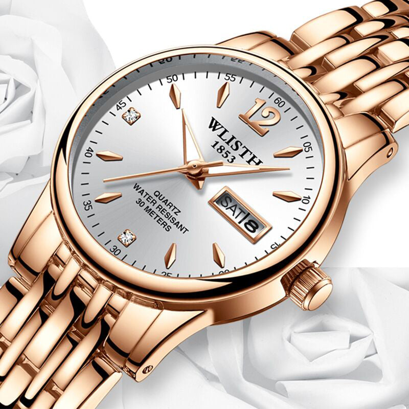 Wlisth relógio feminino relógio de aço tungstênio mulher relógios amantes presente rosa ouro chinês-calendário inglês relógio de quartzo à prova dwaterproof água