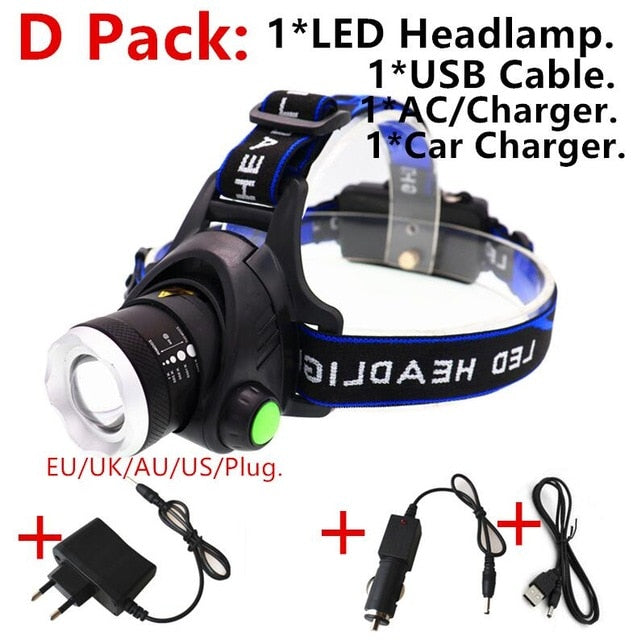 Zoom portátil xml-t6 l2 v6 led farol à prova dwaterproof água zoom faróis de pesca acampamento caminhadas lanterna com cabo usb
