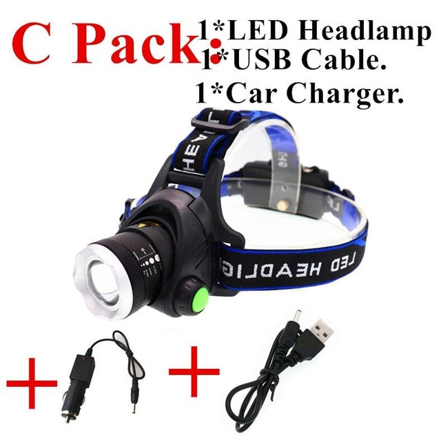 Zoom portátil xml-t6 l2 v6 led farol à prova dwaterproof água zoom faróis de pesca acampamento caminhadas lanterna com cabo usb