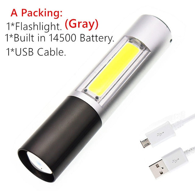 Zoom tocha mini lâmpada de trabalho portátil xpe + cob led lanterna carga usb 1 * embutido 14500 bateria