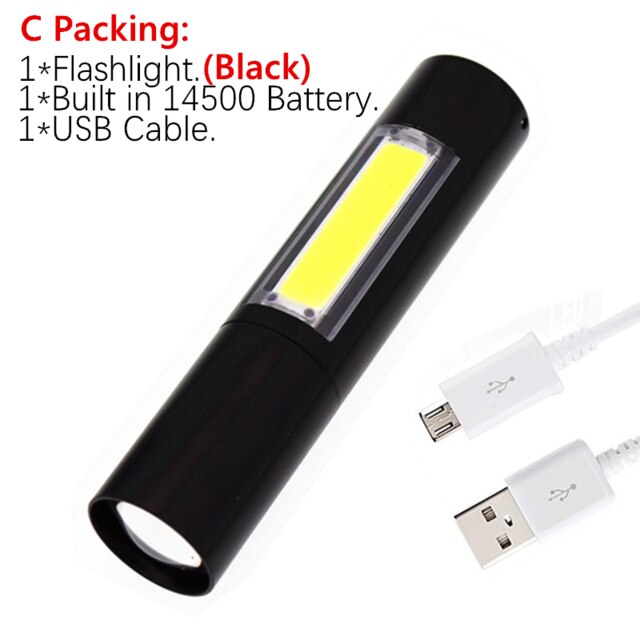 Zoom tocha mini lâmpada de trabalho portátil xpe + cob led lanterna carga usb 1 * embutido 14500 bateria