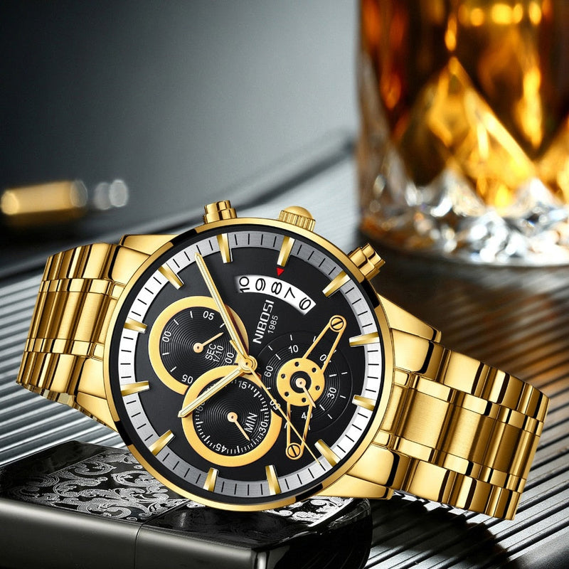 NIBOSI Mens Watches Luxury Top Brand Gold Watch Men Relogio Masculino Automatic Date Watch Quartz Luminous Calendar Wristwatch