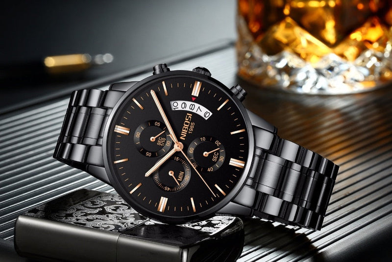 NIBOSI Mens Watches Luxury Top Brand Gold Watch Men Relogio Masculino Automatic Date Watch Quartz Luminous Calendar Wristwatch