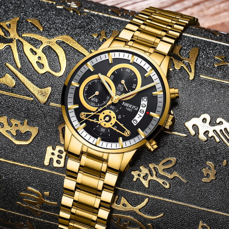 NIBOSI Mens Watches Luxury Top Brand Gold Watch Men Relogio Masculino Automatic Date Watch Quartz Luminous Calendar Wristwatch