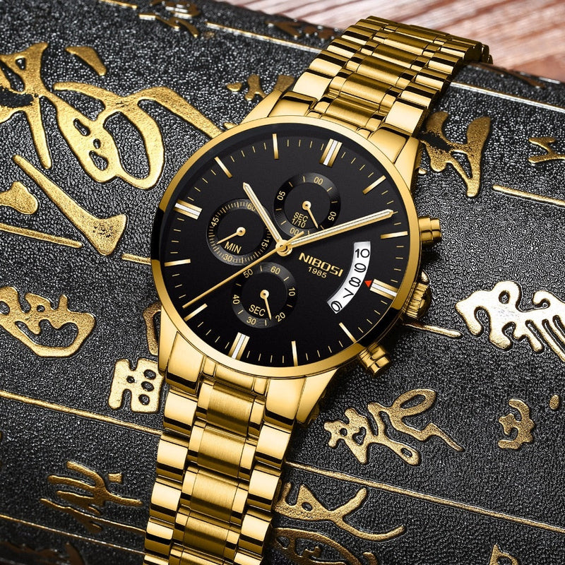 NIBOSI Mens Watches Luxury Top Brand Gold Watch Men Relogio Masculino Automatic Date Watch Quartz Luminous Calendar Wristwatch